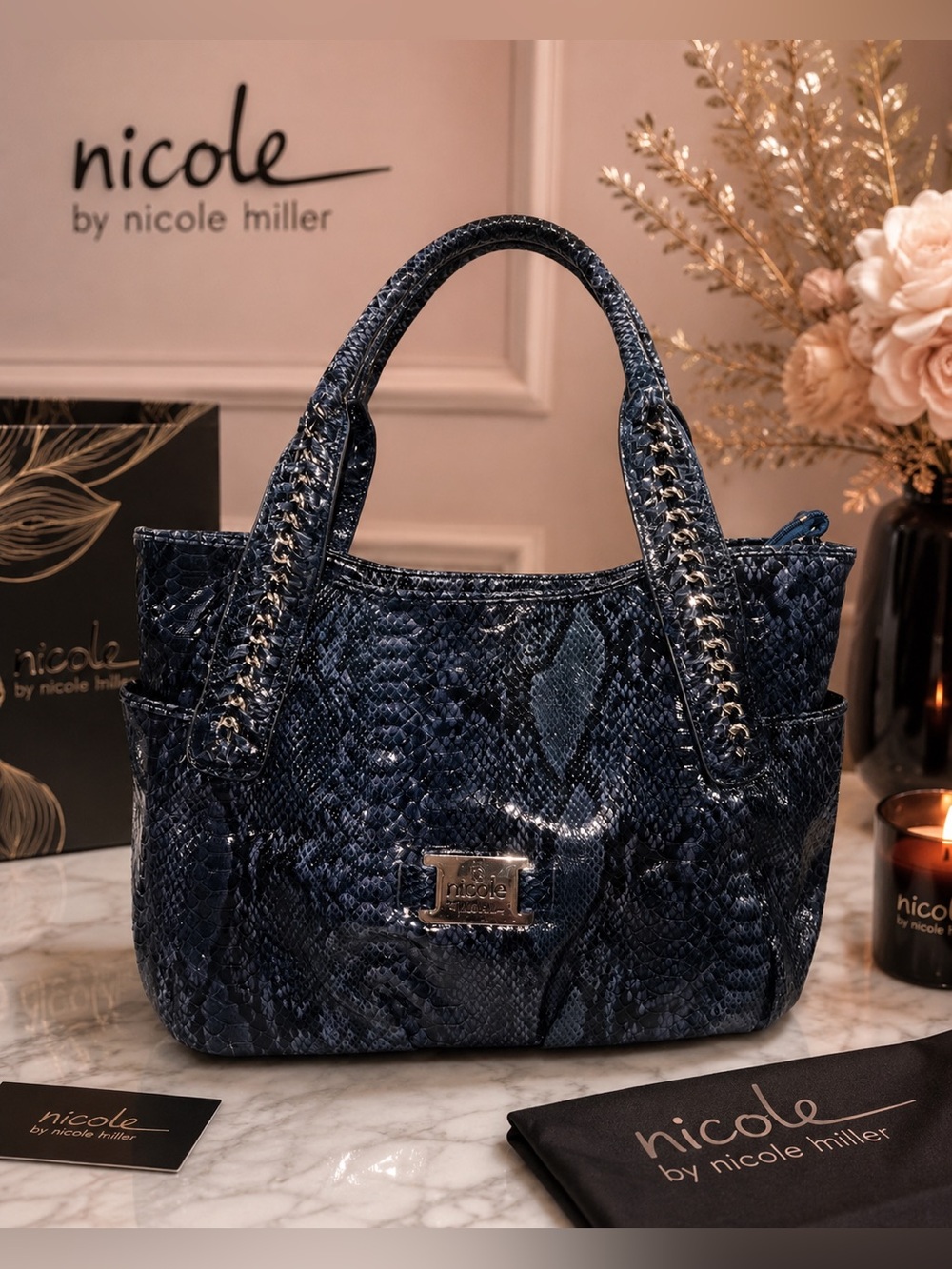 🐍 Nicole by Nicole Miller Navy Blue Snakeskin Chain Tote Bag